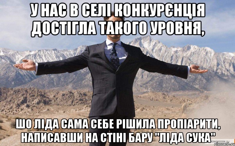 у нас в селі конкурєнція достігла такого уровня, шо ліда сама себе рішила пропіарити, написавши на стіні бару "ліда сука", Мем железный человек