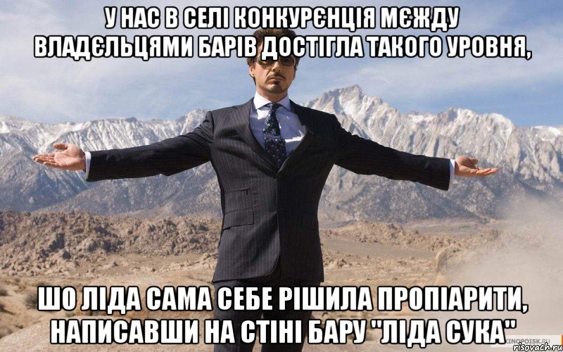 у нас в селі конкурєнція мєжду владєльцями барів достігла такого уровня, шо ліда сама себе рішила пропіарити, написавши на стіні бару "ліда сука", Мем железный человек