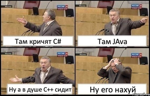 Там кричят C# Там JAva Ну а в душе C++ сидит Ну его нахуй, Комикс Жирик в шоке хватается за голову