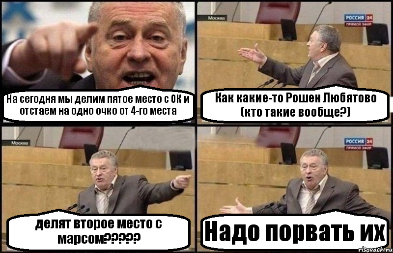 На сегодня мы делим пятое место с ОК и отстаем на одно очко от 4-го места Как какие-то Рошен Любятово (кто такие вообще?) делят второе место с марсом????? Надо порвать их, Комикс Жириновский