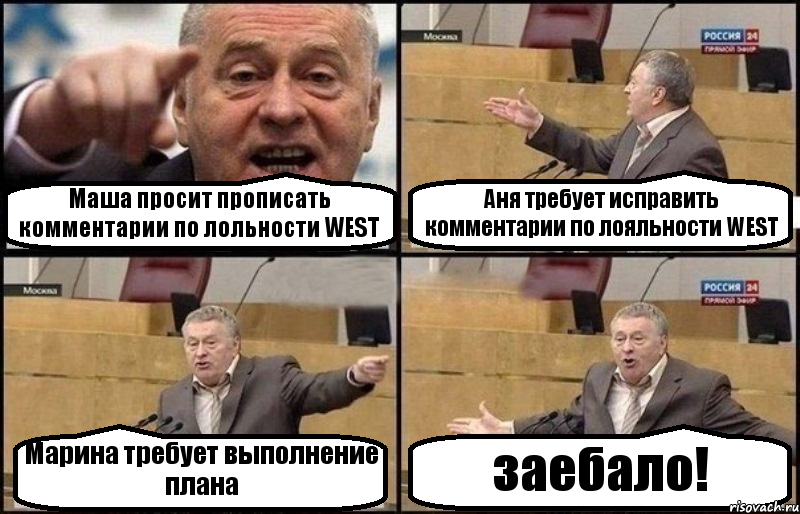 Маша просит прописать комментарии по лольности WEST Аня требует исправить комментарии по лояльности WEST Марина требует выполнение плана заебало!, Комикс Жириновский