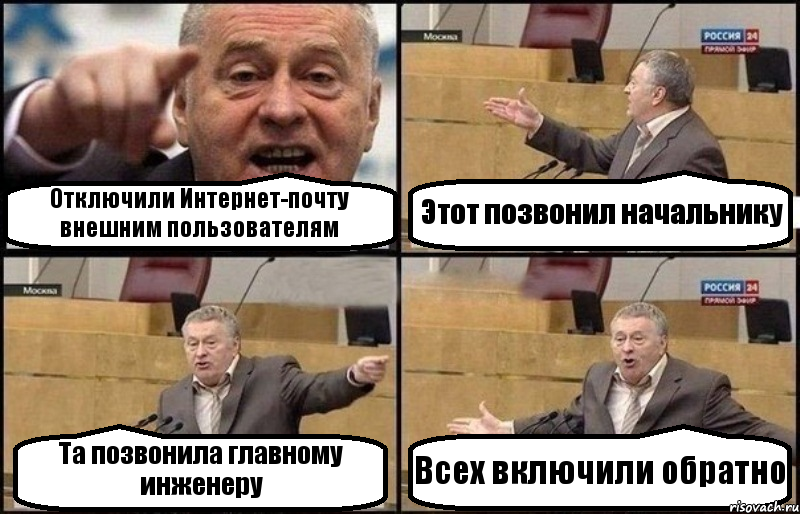 Отключили Интернет-почту внешним пользователям Этот позвонил начальнику Та позвонила главному инженеру Всех включили обратно, Комикс Жириновский