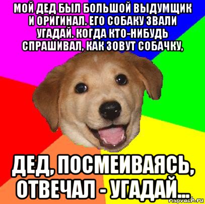 мой дед был большой выдумщик и оригинал. его собаку звали угадай. когда кто-нибудь спрашивал, как зовут собачку, дед, посмеиваясь, отвечал - угадай..., Мем Advice Dog