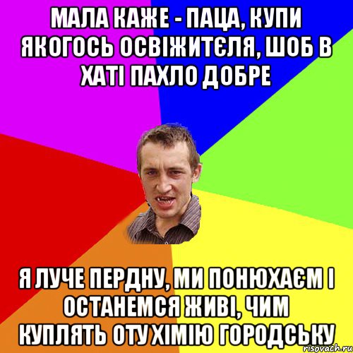 мала каже - паца, купи якогось освіжитєля, шоб в хаті пахло добре я луче пердну, ми понюхаєм і останемся живі, чим куплять оту хімію городську, Мем Чоткий паца