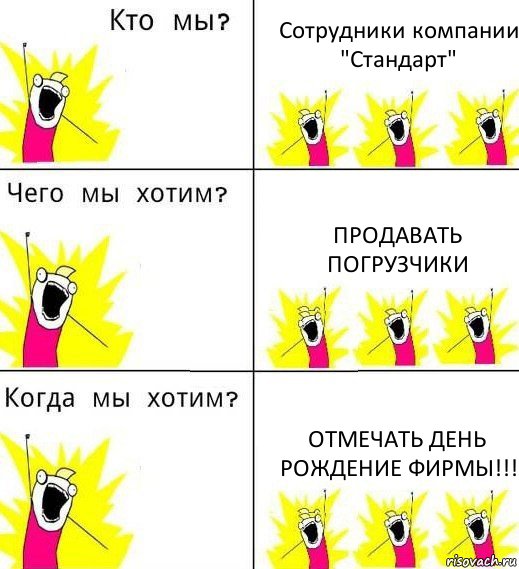 Сотрудники компании "Стандарт" Продавать погрузчики Отмечать день рождение фирмы!!!, Комикс Что мы хотим