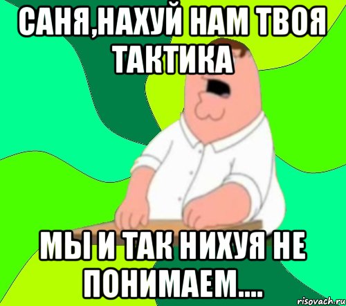 Саня,нахуй нам твоя тактика Мы и так нихуя не понимаем...., Мем  Да всем насрать (Гриффин)