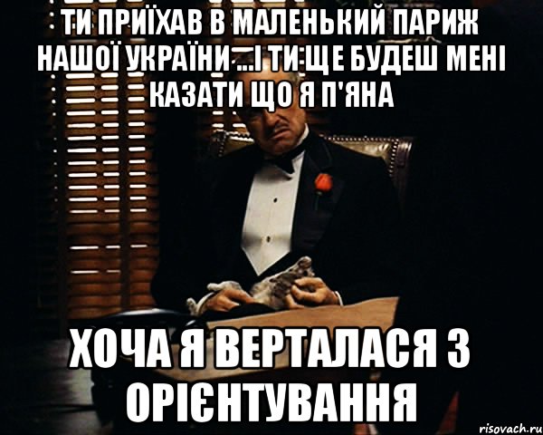 Ти приїхав в Маленький Париж нашої України ...і ти ще будеш мені казати що я п'яна хоча я верталася з орієнтування, Мем Дон Вито Корлеоне