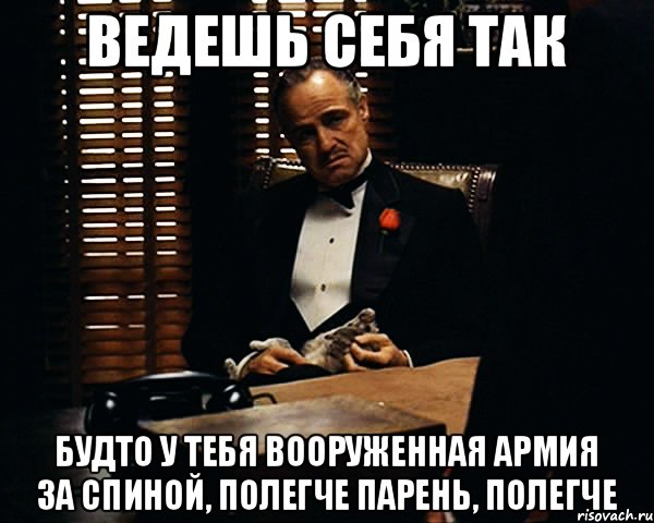 ВЕДЕШЬ СЕБЯ ТАК БУДТО У ТЕБЯ ВООРУЖЕННАЯ АРМИЯ ЗА СПИНОЙ, ПОЛЕГЧЕ ПАРЕНЬ, ПОЛЕГЧЕ, Мем Дон Вито Корлеоне