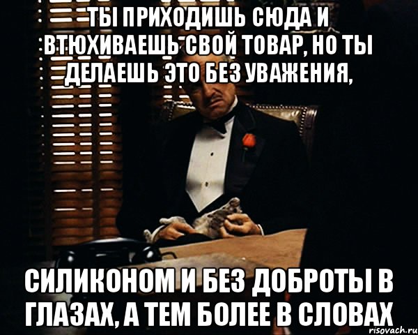 Ты приходишь сюда и втюхиваешь свой товар, но ты делаешь это без уважения, силиконом и без доброты в глазах, а тем более в словах, Мем Дон Вито Корлеоне