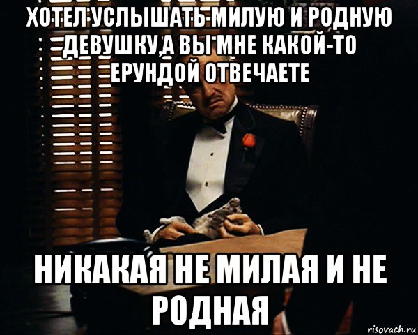 хотел услышать милую и родную девушку,а вы мне какой-то ерундой отвечаете никакая не милая и не родная, Мем Дон Вито Корлеоне