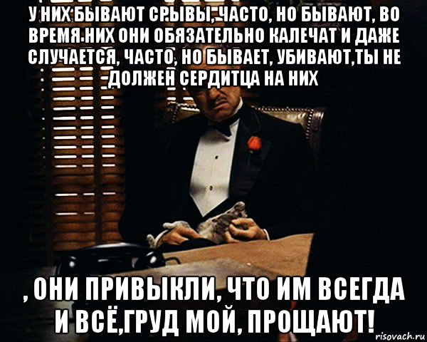 у них бывают срывы, часто, но бывают, во время них они обязательно калечат и даже случается, часто, но бывает, убивают,ты не должен сердитца на них , они привыкли, что им всегда и всё,груд мой, прощают!, Мем Дон Вито Корлеоне