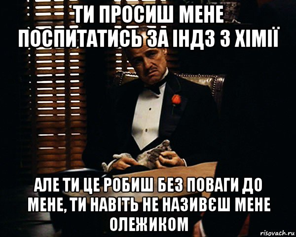 ти просиш мене поспитатись за індз з хімії але ти це робиш без поваги до мене, ти навіть не називєш мене олежиком, Мем Дон Вито Корлеоне