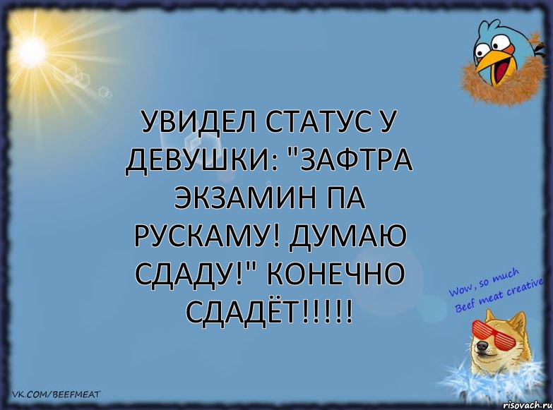 Увидел статус у девушки: "зафтра экзамин па рускаму! думаю сдаду!" Конечно сдадёт!!!!!, Комикс ФОН