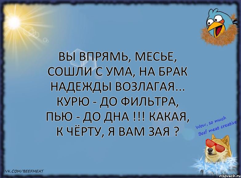 Вы впрямь, месье, сошли с ума, на брак надежды возлагая... Курю - до фильтра, пью - до дна !!! Какая, к чёрту, я вам ЗАЯ ?