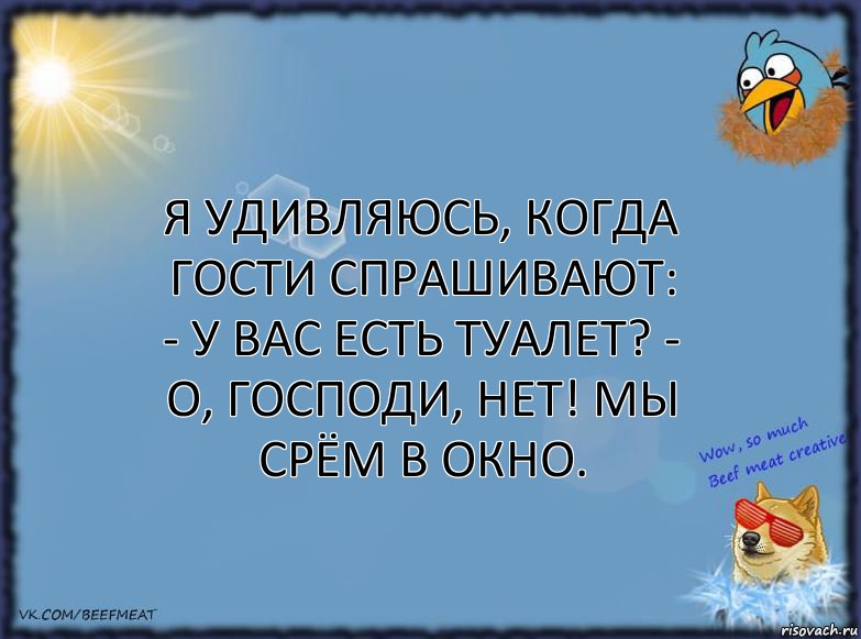 Я удивляюсь, когда гости спрашивают: - У Вас есть туалет? - О, ГОСПОДИ, НЕТ! МЫ СРЁМ В ОКНО., Комикс ФОН