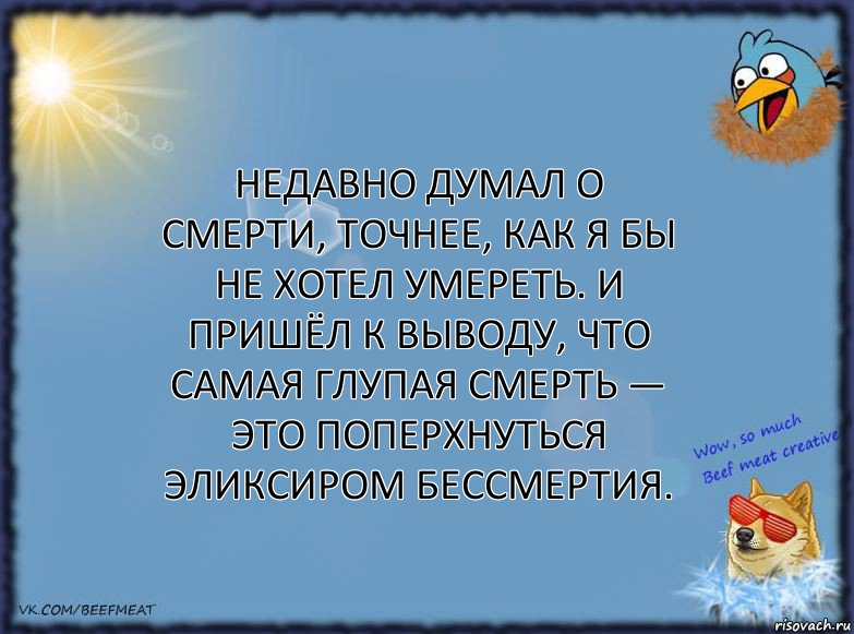 Недавно думал о смерти, точнее, как я бы не хотел умереть. И пришёл к выводу, что самая глупая смерть — это поперхнуться эликсиром бессмертия., Комикс ФОН