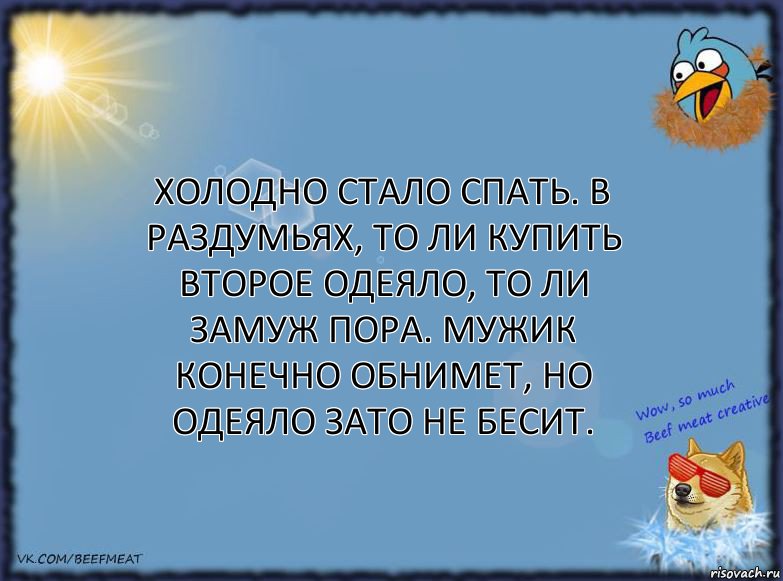 Холодно стало спать. В раздумьях, то ли купить второе одеяло, то ли замуж пора. Мужик конечно обнимет, но одеяло зато не бесит.