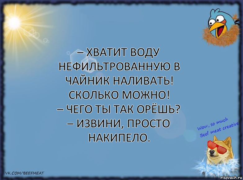 – ХВАТИТ ВОДУ НЕФИЛЬТРОВАННУЮ В ЧАЙНИК НАЛИВАТЬ! СКОЛЬКО МОЖНО!
– Чего ты так орёшь?
– Извини, просто накипело., Комикс ФОН