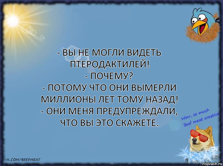 - Вы не могли видеть птеродактилей!
- Почему?
- Потому что они вымерли миллионы лет тому назад!
- Они меня предупреждали, что вы это скажете.