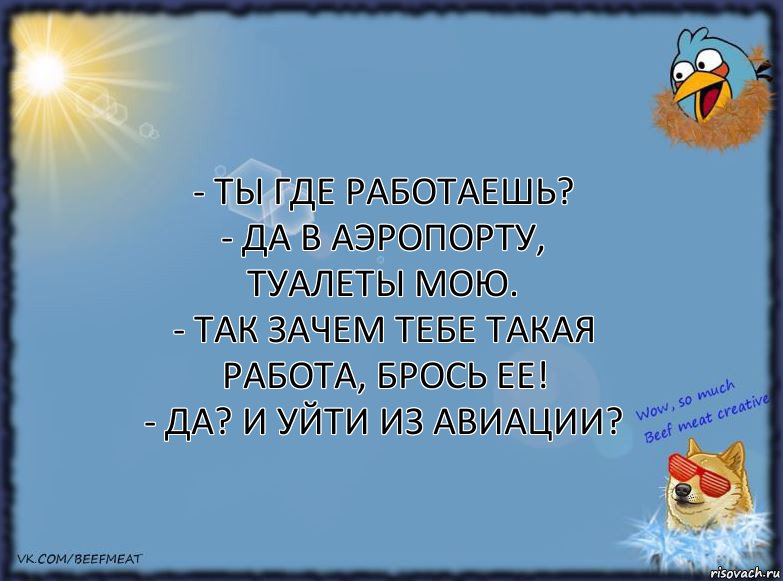 - Ты где работаешь?
- Да в аэропорту, туалеты мою.
- Так зачем тебе такая работа, брось ее!
- Да? И уйти из авиации?, Комикс ФОН