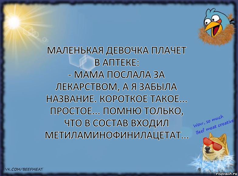 Маленькая девочка плачет в аптеке:
- Мама послала за лекарством, а я забыла название. Короткое такое... Простое... Помню только, что в состав входил метиламинофинилацетат..., Комикс ФОН