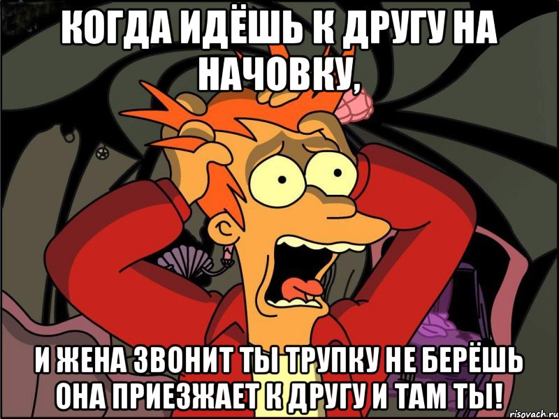 Когда идёшь к другу на начовку, И жена звонит ты трупку не берёшь она приезжает к другу и там ты!, Мем Фрай в панике