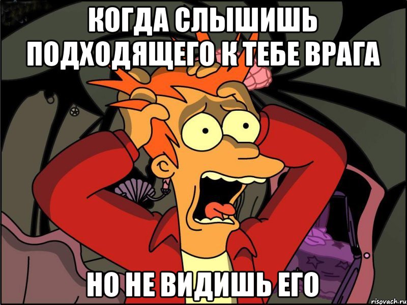 КОГДА СЛЫШИШЬ ПОДХОДЯЩЕГО К ТЕБЕ ВРАГА НО НЕ ВИДИШЬ ЕГО, Мем Фрай в панике