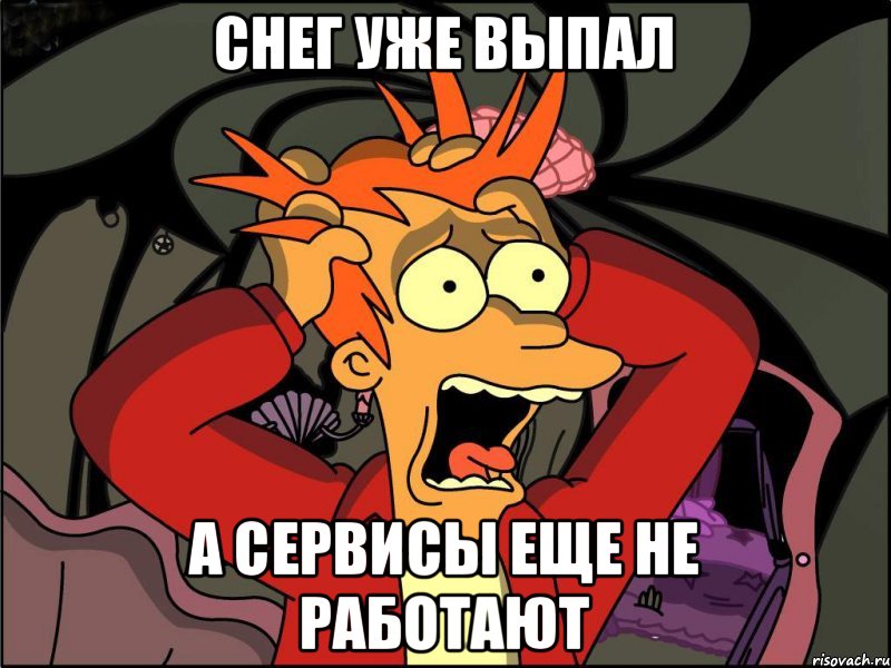 снег уже выпал а сервисы еще не работают, Мем Фрай в панике