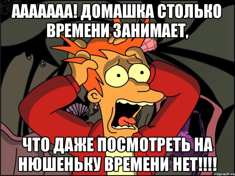 ААААААА! ДОМАШКА СТОЛЬКО ВРЕМЕНИ ЗАНИМАЕТ, ЧТО ДАЖЕ ПОСМОТРЕТЬ НА НЮШЕНЬКУ ВРЕМЕНИ НЕТ!!!!, Мем Фрай в панике