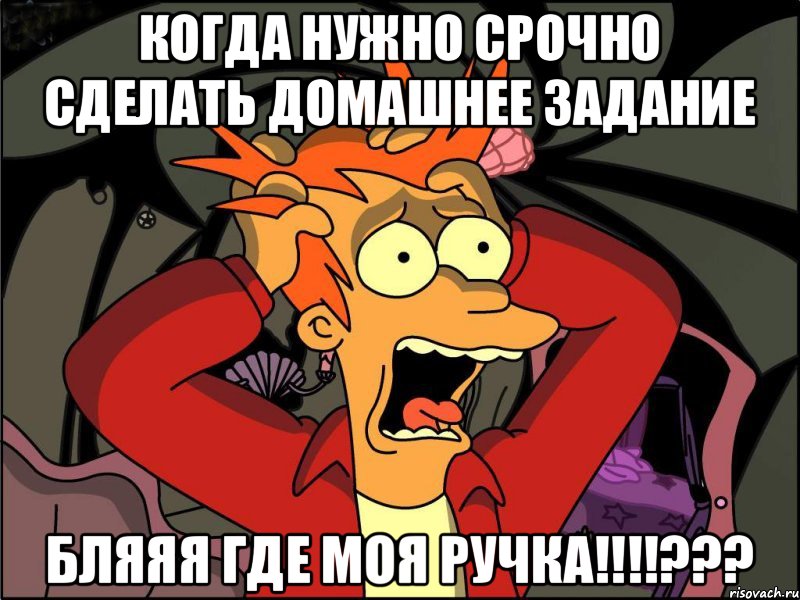 Когда нужно срочно сделать домашнее задание БЛЯЯЯ ГДЕ МОЯ РУЧКА!!!!???, Мем Фрай в панике