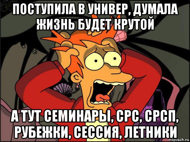 поступила в универ, думала жизнь будет крутой а тут семинары, срс, срсп, рубежки, сессия, летники, Мем Фрай в панике