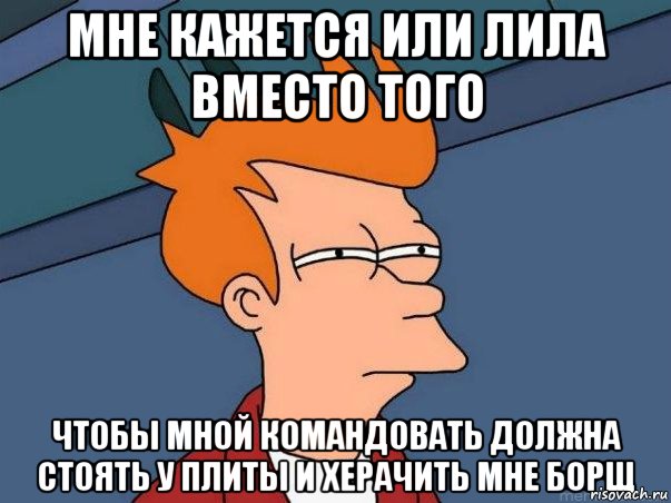 мне кажется или лила вместо того чтобы мной командовать должна стоять у плиты и херачить мне борщ, Мем  Фрай (мне кажется или)