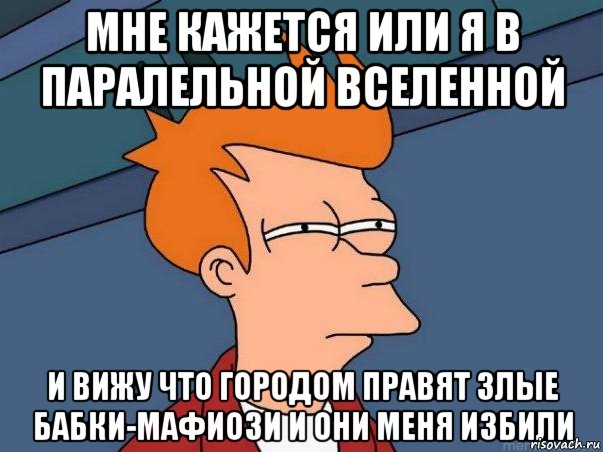 мне кажется или я в паралельной вселенной и вижу что городом правят злые бабки-мафиози и они меня избили, Мем  Фрай (мне кажется или)