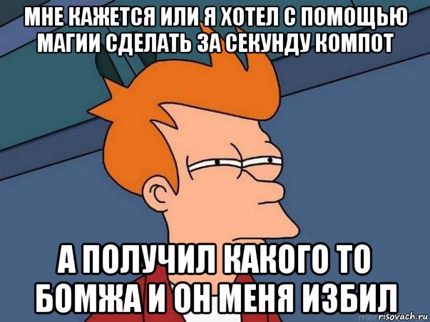 мне кажется или я хотел с помощью магии сделать за секунду компот а получил какого то бомжа и он меня избил, Мем  Фрай (мне кажется или)