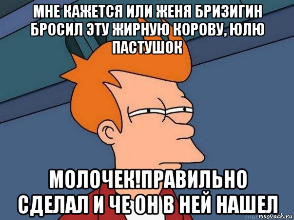 мне кажется или женя бризигин бросил эту жирную корову, юлю пастушок молочек!правильно сделал и че он в ней нашел, Мем  Фрай (мне кажется или)