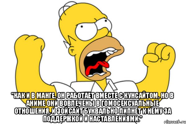  "Как и в манге, он работает вместе с Кунсайтом, но в аниме они вовлечены в гомосексуальные отношения, и Зойсайт буквально липнет к нему за поддержкой и наставлениями.", Мем Разъяренный Гомер