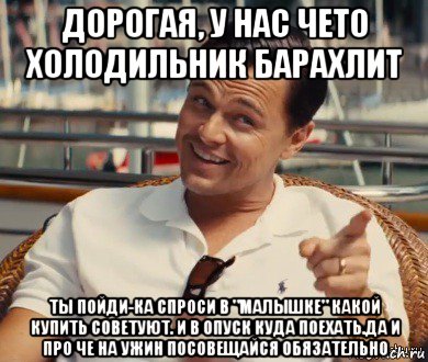 дорогая, у нас чето холодильник барахлит ты пойди-ка спроси в "малышке" какой купить советуют. и в опуск куда поехать.да и про че на ужин посовещайся обязательно, Мем Хитрый Гэтсби