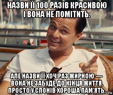 назви її 100 разів красивою і вона не помітить. але назви її хоч раз жирною — вона не забуде до кінця життя. просто у слонів хороша пам'ять., Мем Хитрый Гэтсби