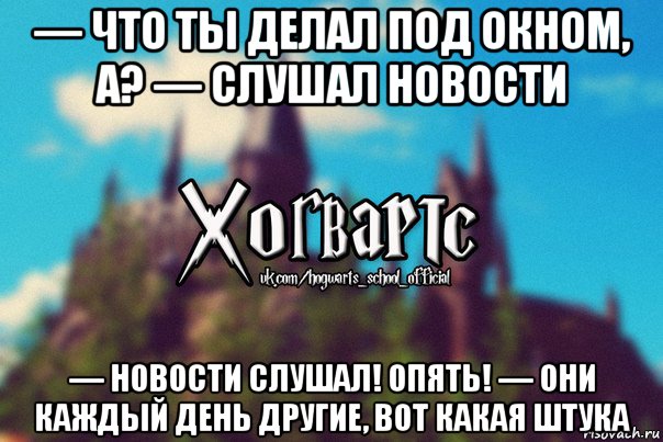 — что ты делал под окном, а? — слушал новости — новости слушал! опять! — они каждый день другие, вот какая штука, Мем Хогвартс