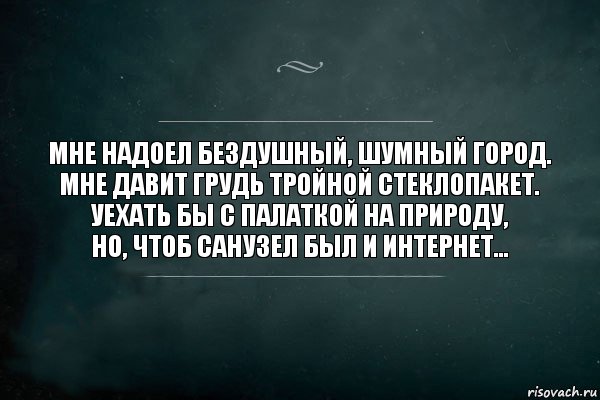 Мне надоел бездушный, шумный город.
Мне давит грудь тройной стеклопакет.
Уехать бы с палаткой на природу,
Но, чтоб САНУЗЕЛ был и ИНТЕРНЕТ..., Комикс Игра Слов