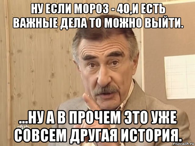 ну если мороз - 40,и есть важные дела то можно выйти. ...ну а в прочем это уже совсем другая история., Мем Каневский (Но это уже совсем другая история)