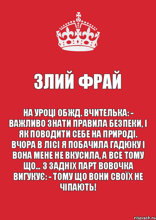 ЗЛИЙ ФРАЙ На уроці ОБЖД. Вчителька: - Важливо знати правила безпеки, і як поводити себе на природі. Вчора в лісі я побачила гадюку і вона мене не вкусила, а все тому що… З задніх парт Вовочка вигукує: - Тому що вони своїх не чіпають!, Комикс Keep Calm 3