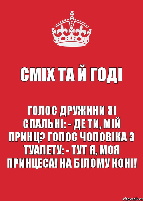 Сміх та й годі Голос дружини зі спальні: - Де ти, мій принц? Голос чоловіка з туалету: - Тут я, моя принцеса! На білому коні!, Комикс Keep Calm 3