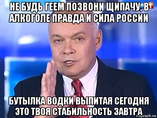 не будь геем позвони щипачу, в алкоголе правда и сила россии бутылка водки выпитая сегодня это твоя стабильность завтра, Мем Киселёв 2014