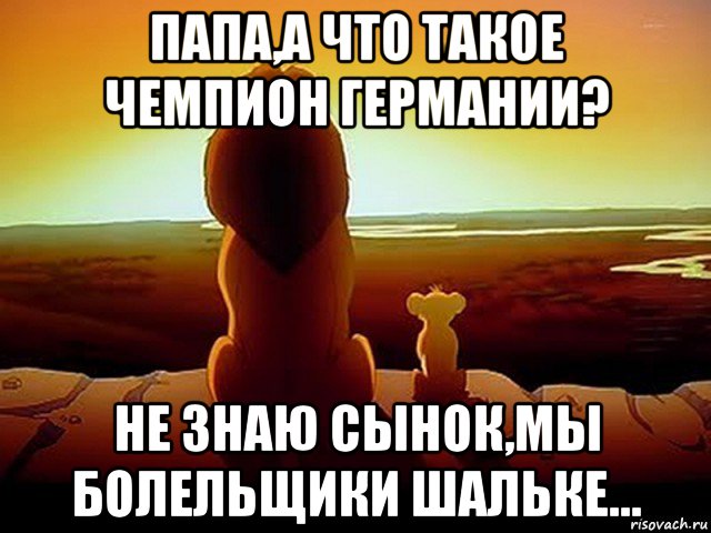 папа,а что такое чемпион германии? не знаю сынок,мы болельщики шальке..., Мем  король лев