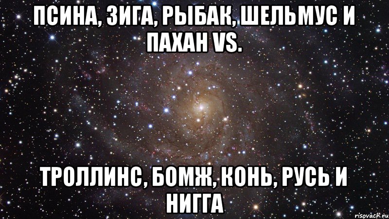 псина, зига, рыбак, шельмус и пахан vs. троллинс, бомж, конь, русь и нигга, Мем  Космос (офигенно)