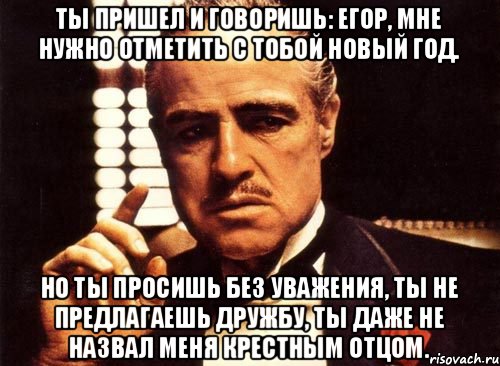 Ты пришел и говоришь: Егор, мне нужно отметить с тобой Новый год. Но ты просишь без уважения, ты не предлагаешь дружбу, ты даже не назвал меня крестным отцом., Мем крестный отец