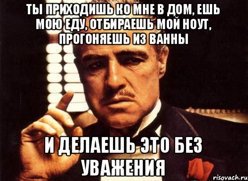 Ты приходишь ко мне в дом, ешь мою еду, отбираешь мой ноут, прогоняешь из ванны и делаешь это без уважения, Мем крестный отец