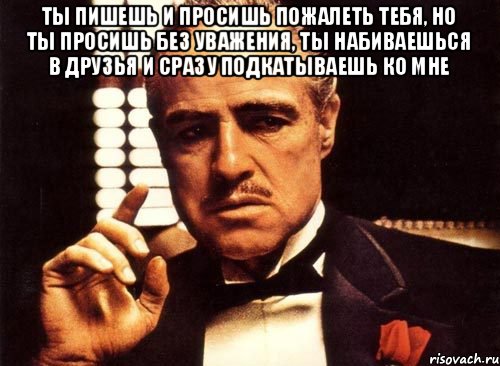 Ты пишешь и просишь пожалеть тебя, но ты просишь без уважения, ты набиваешься в друзья и сразу подкатываешь ко мне , Мем крестный отец