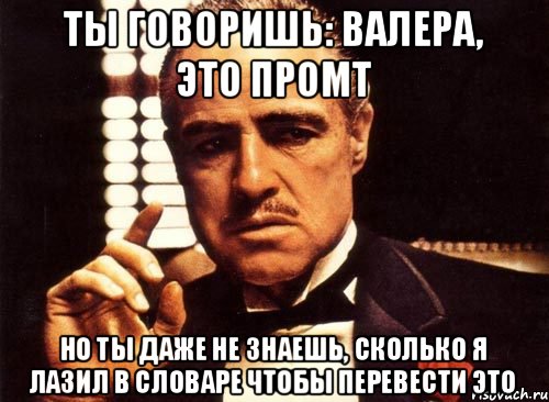 ты говоришь: валера, это промт но ты даже не знаешь, сколько я лазил в словаре чтобы перевести это, Мем крестный отец